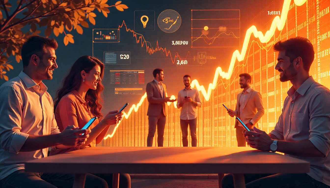 Investors celebrating Reliance Jio IPO 2026 with smartphones and digital growth symbols