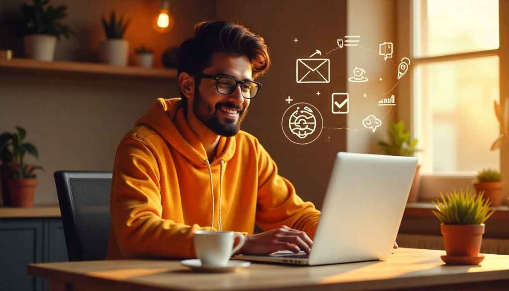 भारतीय युवक लैपटॉप पर काम करते हुए, घर से ऑनलाइन बिज़नेस कर रहा है, चारों ओर Affiliate Marketing, Blogging और Social Media के आइकन। Business Ideas