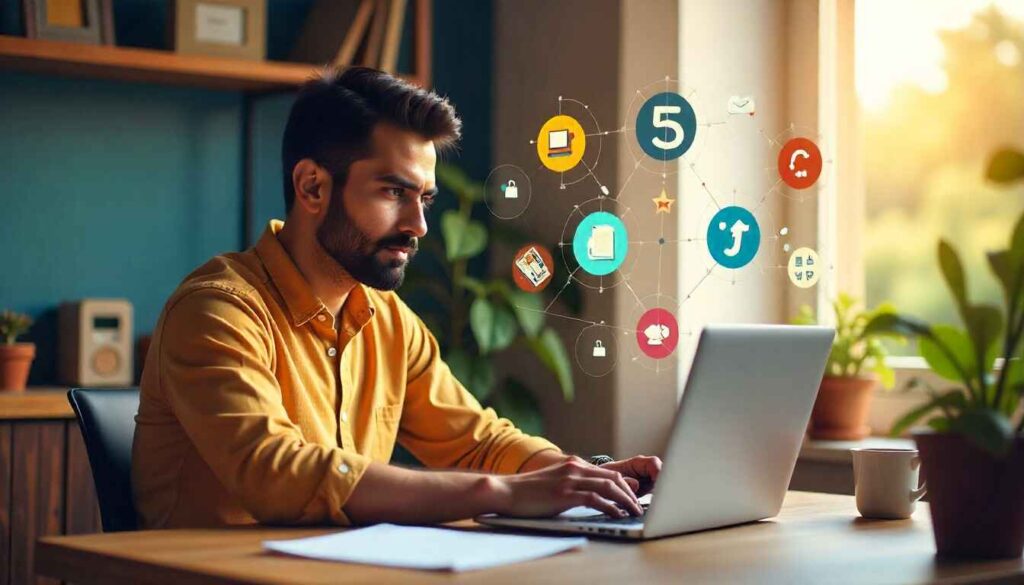 एक टेबल पर कॉफी कप, लैपटॉप और नोटबुक रखे हुए, स्क्रीन पर ऑनलाइन बिज़नेस के विकल्प दिख रहे हैं जैसे Blogging, Dropshipping और Online Teaching।