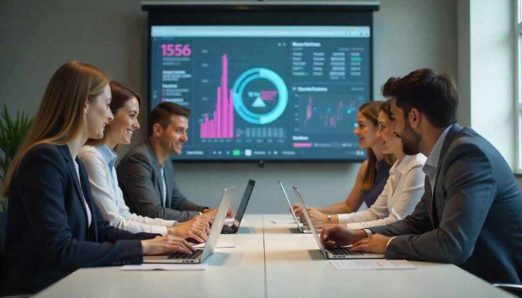 प्रोफेशनल लैपटॉप पर AI Training सीखते हुए, डिजिटल AI आइकन के साथ