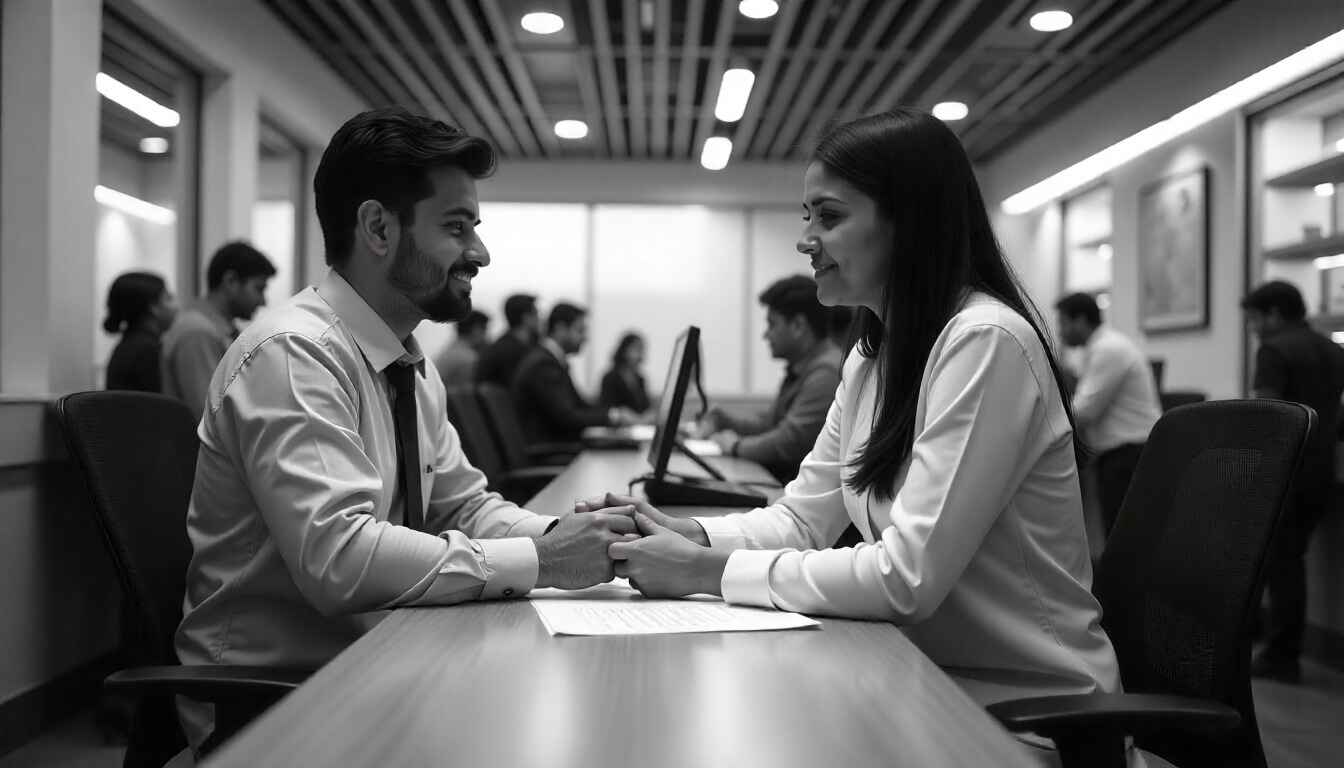 Indian bank employee assisting customer at bank counter