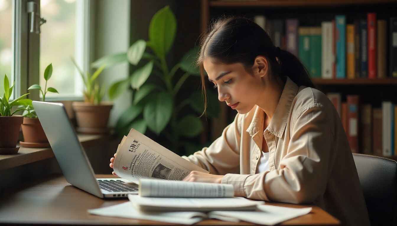 Student preparing for UPSC exam with NCERT books and newspaper, taking notes