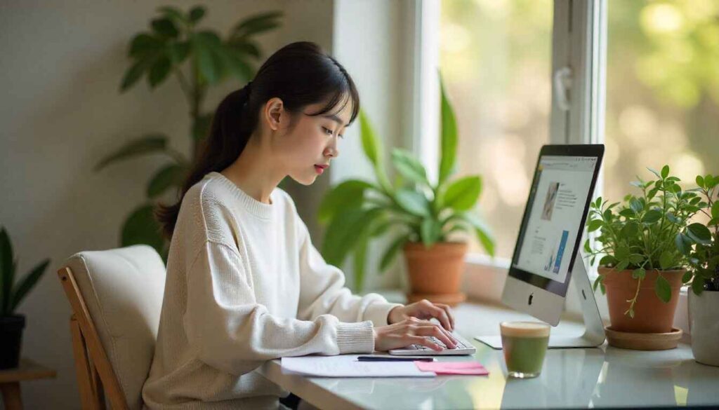 Student earning side income online using laptop and freelancing.