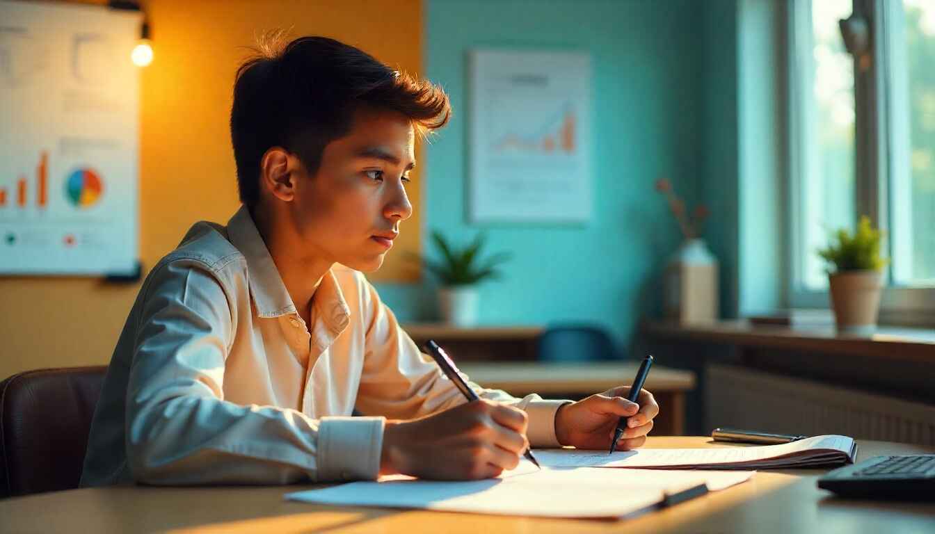 Student preparing for SSC exam with books and notes, focused and motivated