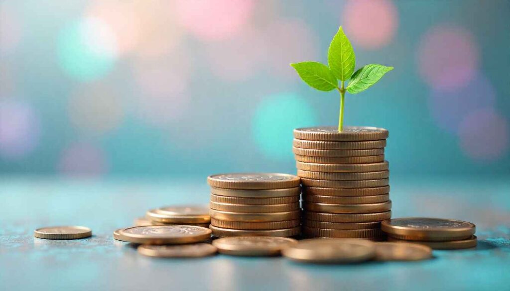 Startup funding concept with coins and plant showing business growth in India