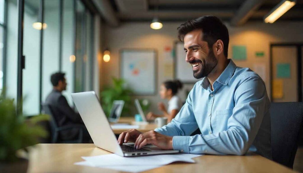 Indian startup founder registering startup online on Startup India portal with DPIIT logo