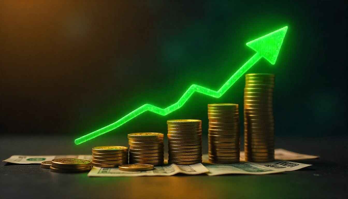 Rising stock market chart with green arrow and Indian rupee coins