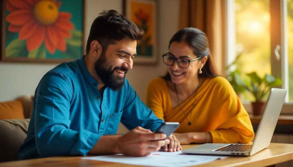 Beginner learning Stock Market Investment on laptop and phone at home