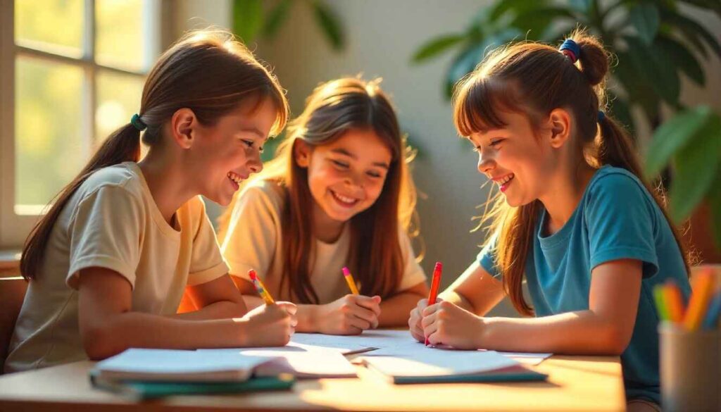 Students studying together, discussing notes and practicing mock tests, motivated and happy