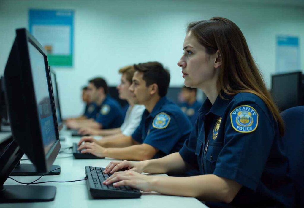 UP Police Computer Operator Recruitment 2025 showing candidates working on computers during exam preparation